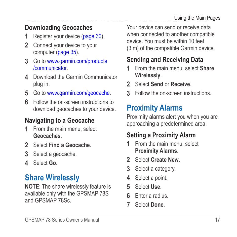 Share wirelessly, Proximity alarms | Garmin GPSMAP 78sc User Manual | Page 21 / 48