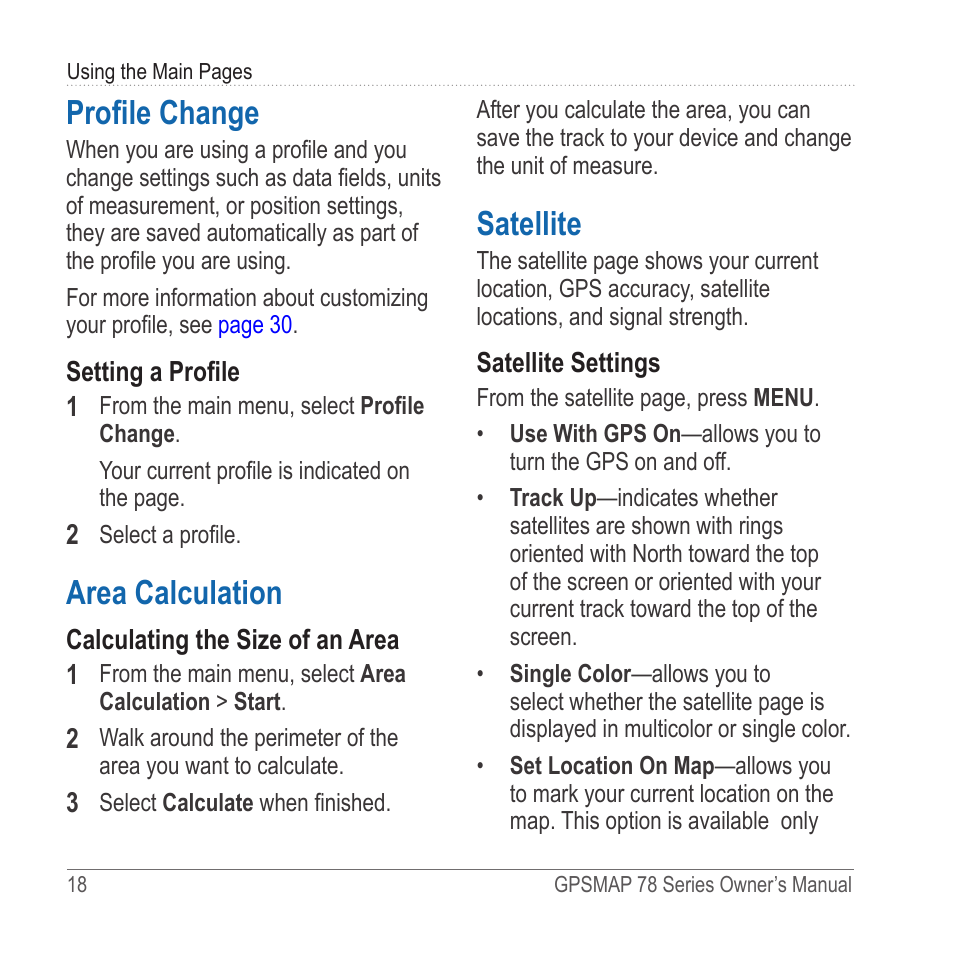 Profile change, Area calculation, Satellite | Garmin GPSMAP 78sc User Manual | Page 22 / 48