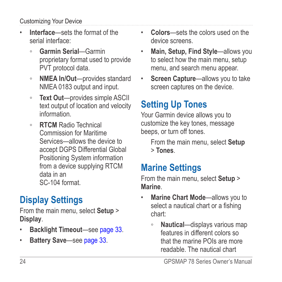 Display settings, Setting up tones, Marine settings | Garmin GPSMAP 78sc User Manual | Page 28 / 48