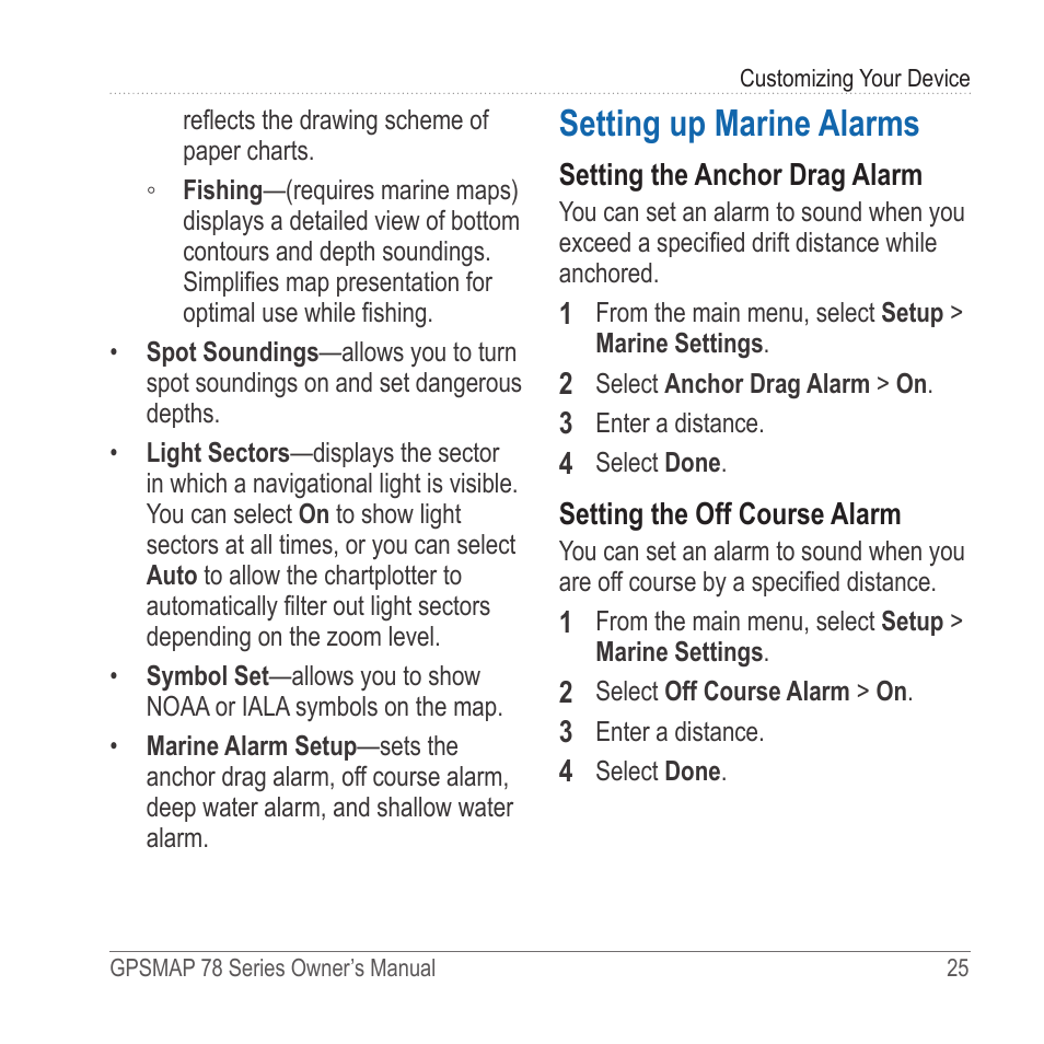 Setting up marine alarms | Garmin GPSMAP 78sc User Manual | Page 29 / 48