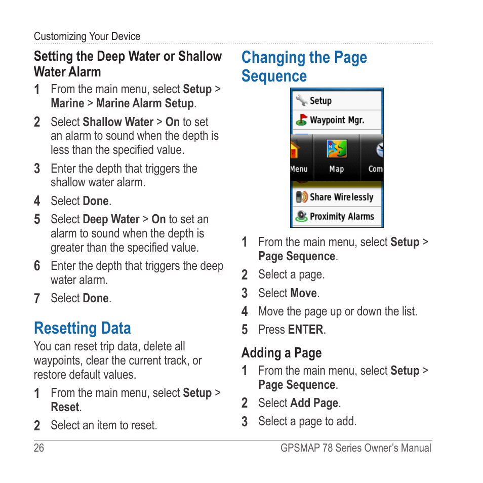 Resetting data, Changing the page sequence | Garmin GPSMAP 78sc User Manual | Page 30 / 48