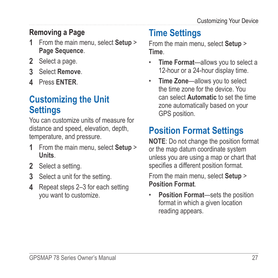 Customizing the unit settings, Time settings, Position format settings | Garmin GPSMAP 78sc User Manual | Page 31 / 48