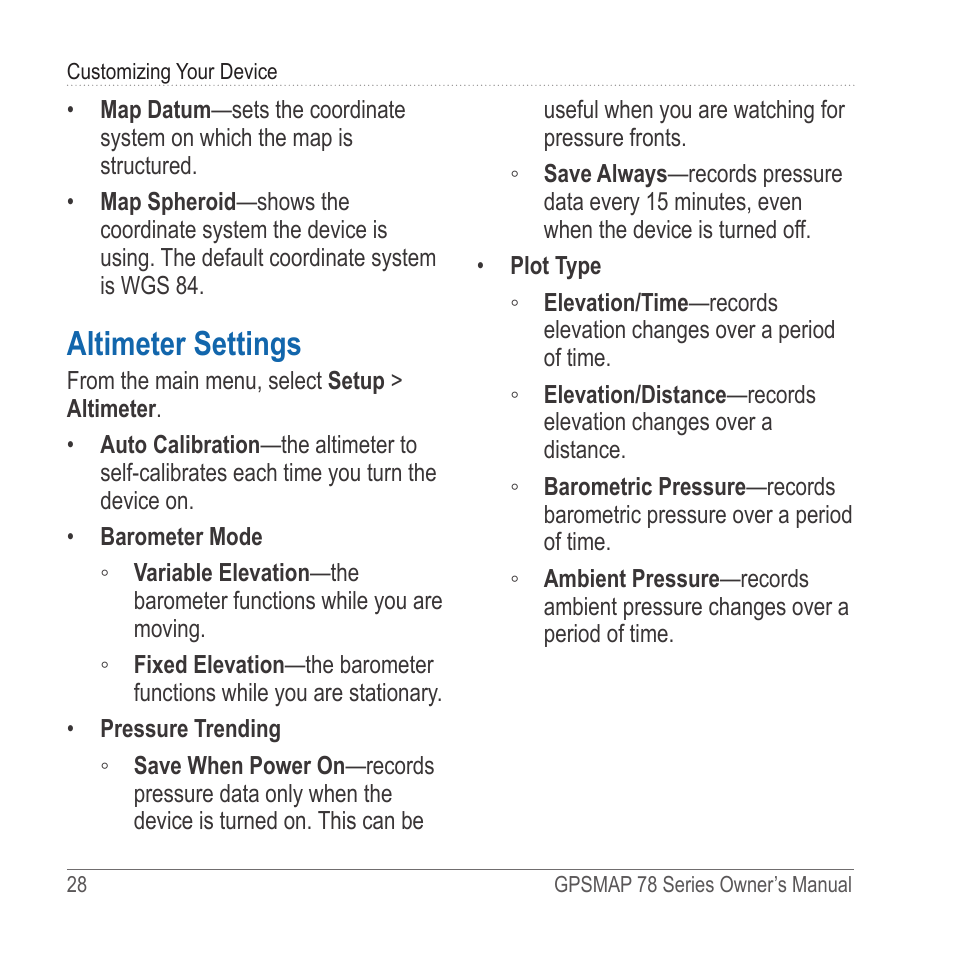 Altimeter settings | Garmin GPSMAP 78sc User Manual | Page 32 / 48