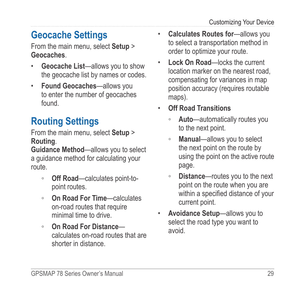 Geocache settings, Routing settings | Garmin GPSMAP 78sc User Manual | Page 33 / 48