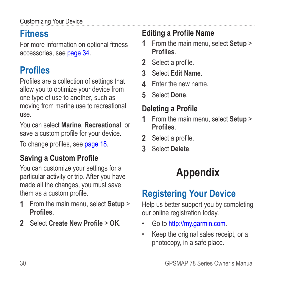 Fitness, Profiles, Appendix | Registering your device, Register your device | Garmin GPSMAP 78sc User Manual | Page 34 / 48