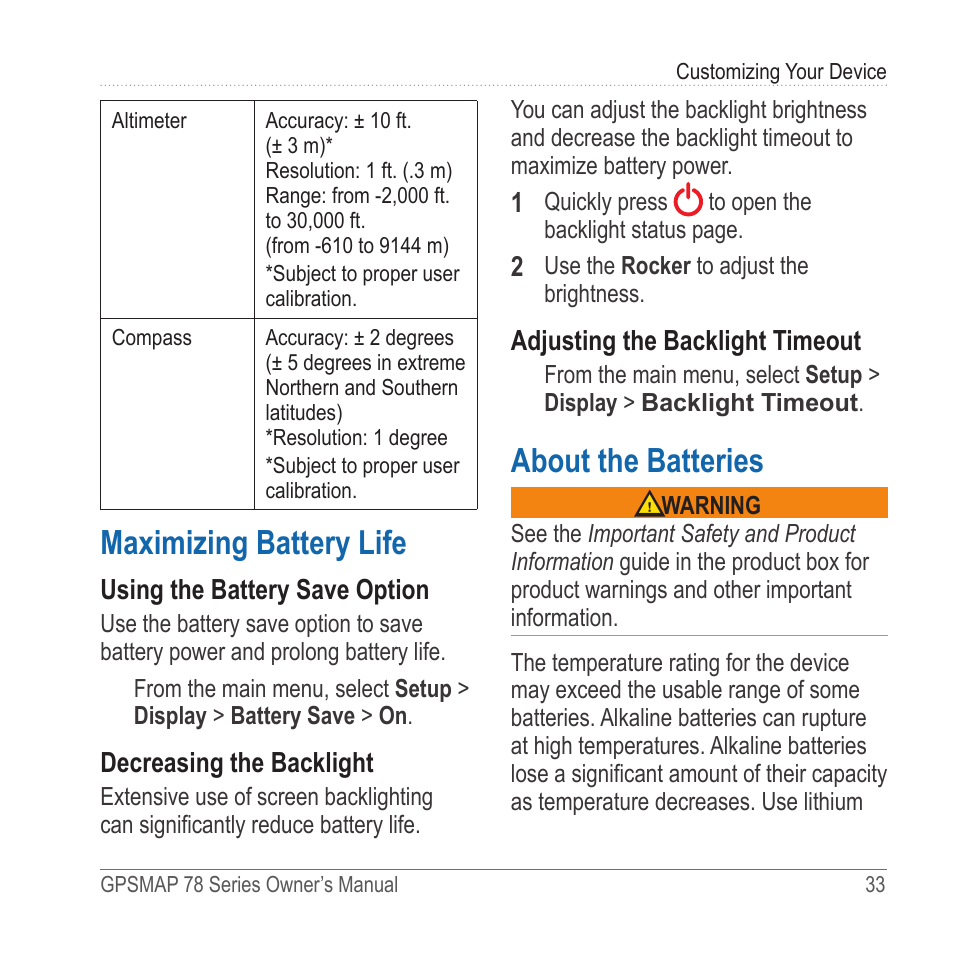 Maximizing battery life, About the batteries | Garmin GPSMAP 78sc User Manual | Page 37 / 48