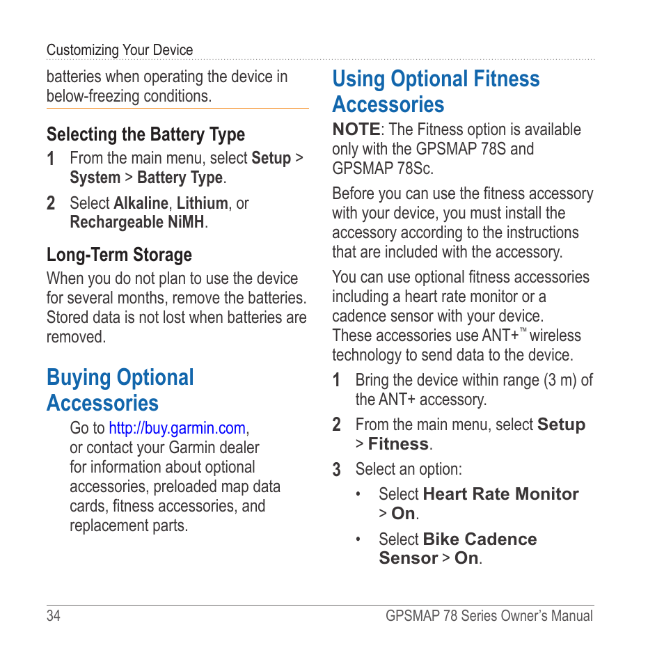 Buying optional accessories, Using optional fitness accessories | Garmin GPSMAP 78sc User Manual | Page 38 / 48