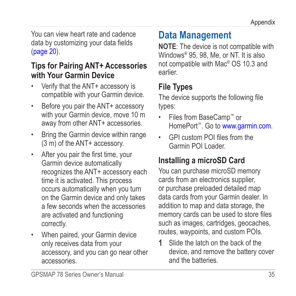 Data management, Computer | Garmin GPSMAP 78sc User Manual | Page 39 / 48