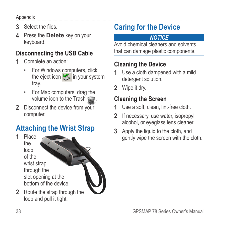 Attaching the wrist strap, Caring for the device | Garmin GPSMAP 78sc User Manual | Page 42 / 48