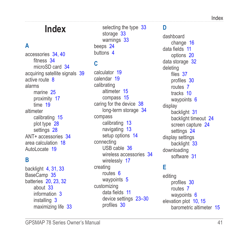 Index | Garmin GPSMAP 78sc User Manual | Page 45 / 48