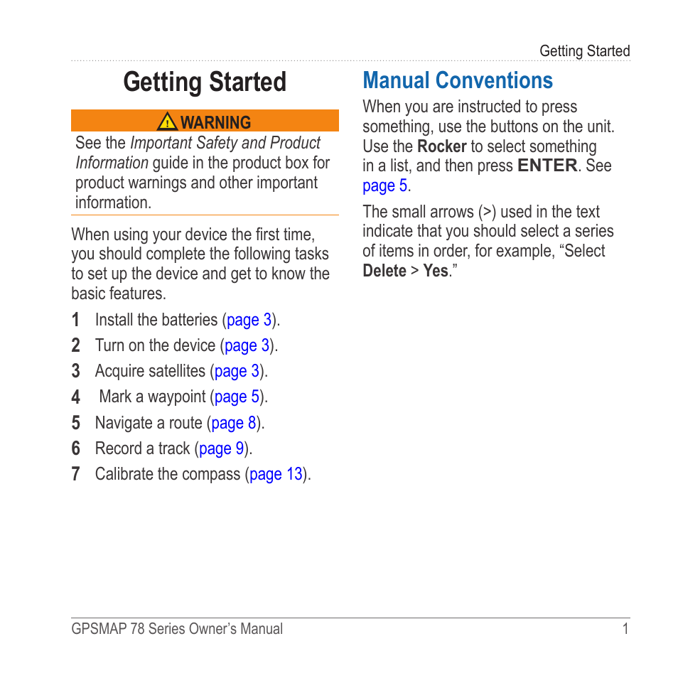 Getting started, Manual conventions | Garmin GPSMAP 78sc User Manual | Page 5 / 48