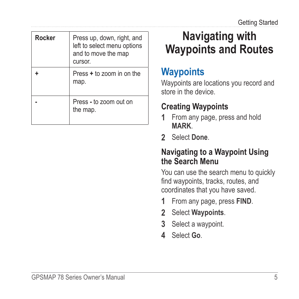 Navigating with waypoints and routes, Waypoints, Navigating with waypoints | And routes, Mark a waypoint | Garmin GPSMAP 78sc User Manual | Page 9 / 48