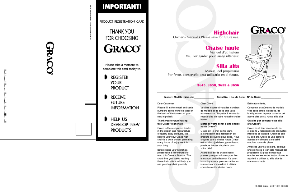 Important, Highchair, Chaise haute | Silla alta, Register, Your, Product, Receive, Future, Information | Graco 3650 User Manual | Page 16 / 16