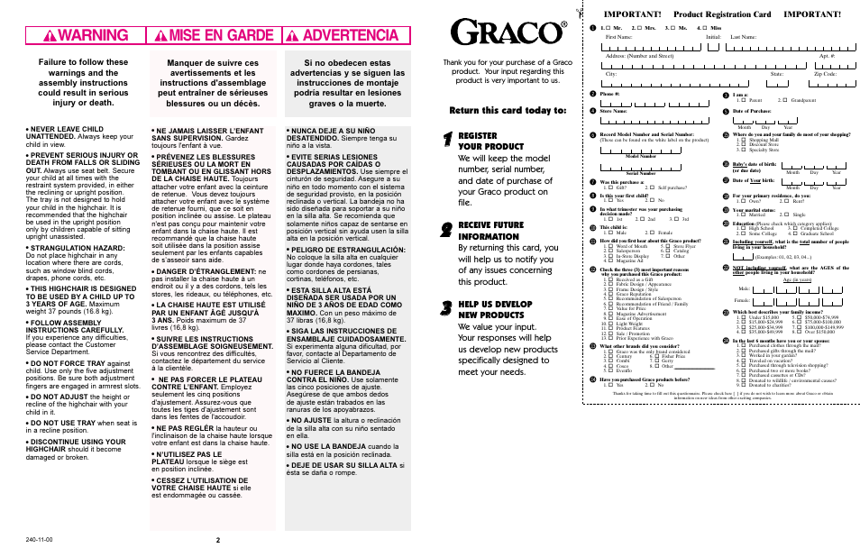 Warning advertencia mise en garde, Bm bl bn bt bu bs br bq bo bp cl cm cn co cp, Return this card today to | Important! product registration card important | Graco 3650 User Manual | Page 2 / 16