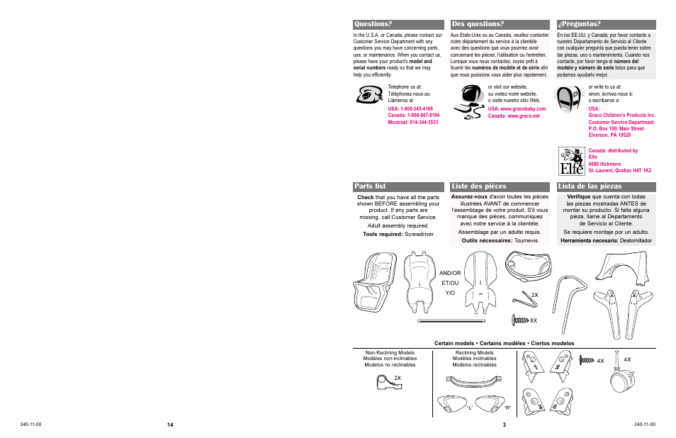 Parts list liste des pièces lista de las piezas, Questions? des questions? ¿preguntas | Graco 3650 User Manual | Page 3 / 16