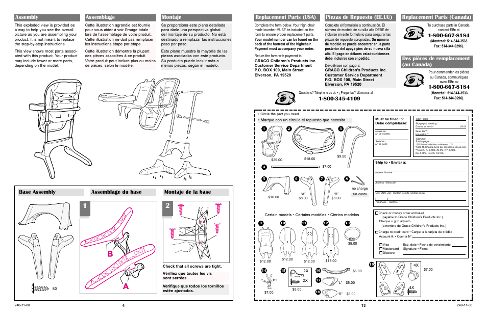 Assembly, Assemblage montaje, Replacement parts (usa) piezas de repuesto (ee.uu) | Replacement parts (canada), Des pièces de remplacement (au canada) | Graco 3650 User Manual | Page 4 / 16
