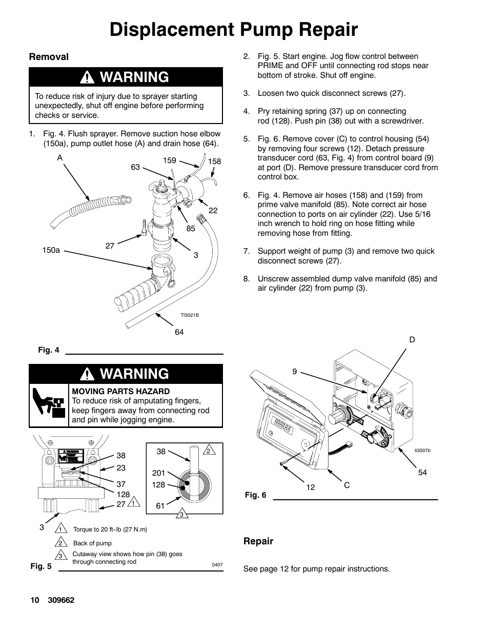 Displacement pump repair, Warning | Graco TEXSPRAY 1030 User Manual | Page 10 / 28