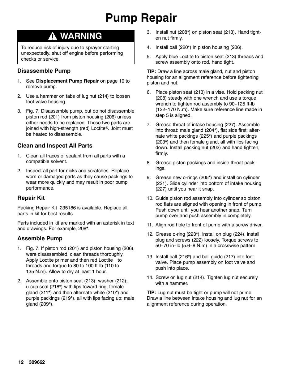 Pump repair, Warning | Graco TEXSPRAY 1030 User Manual | Page 12 / 28