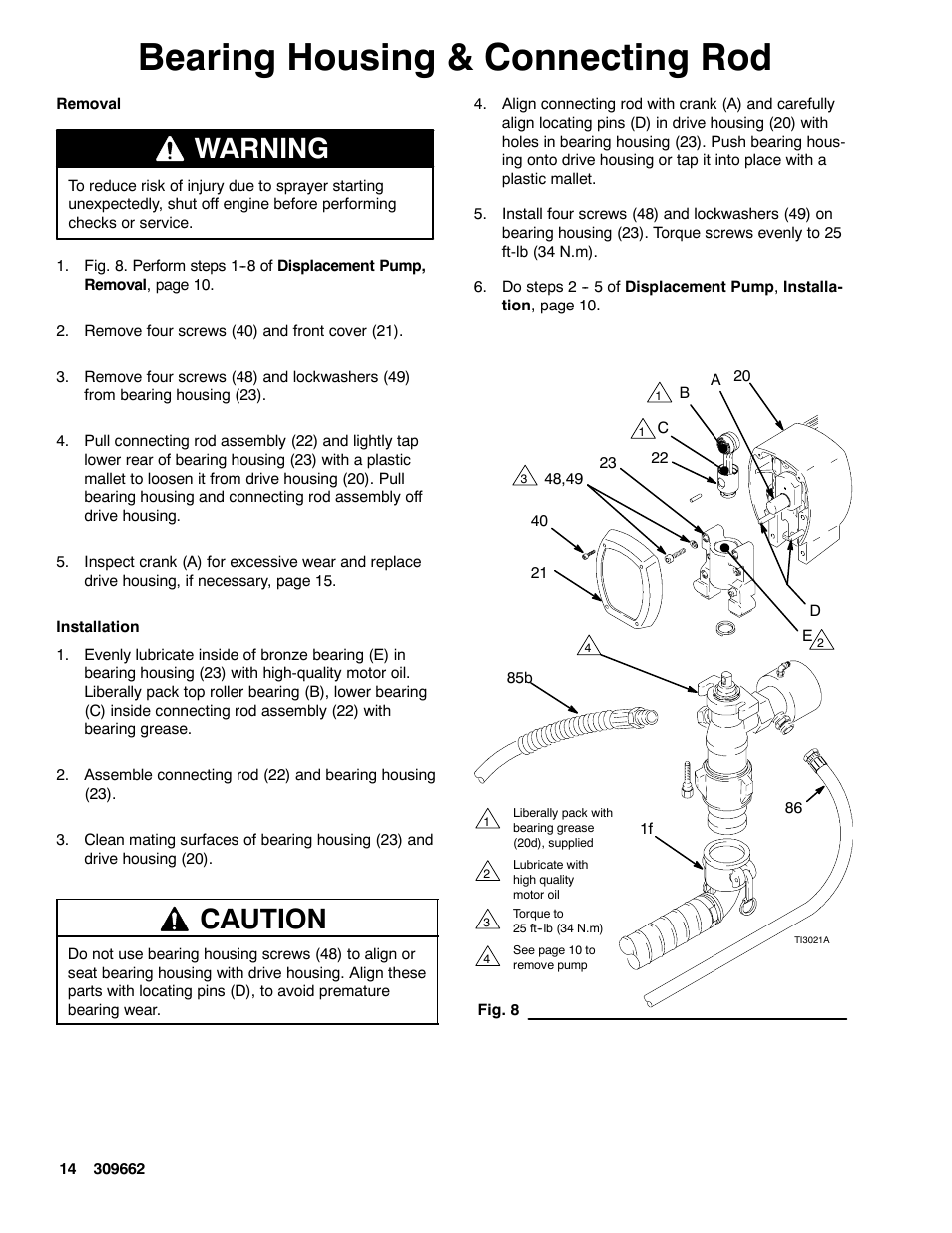 Bearing housing & connecting rod, Warning, Caution | Graco TEXSPRAY 1030 User Manual | Page 14 / 28