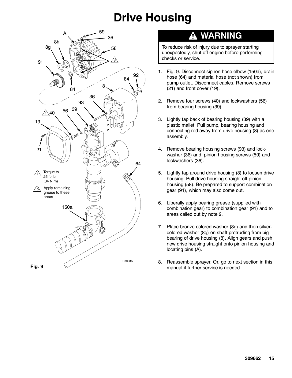 Drive housing, Warning | Graco TEXSPRAY 1030 User Manual | Page 15 / 28