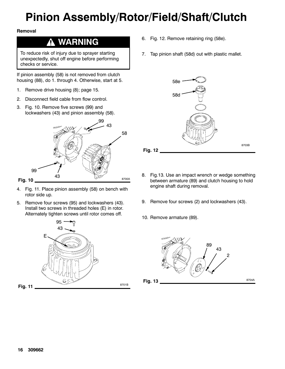 Pinion assembly/rotor/field/shaft/clutch, Warning | Graco TEXSPRAY 1030 User Manual | Page 16 / 28