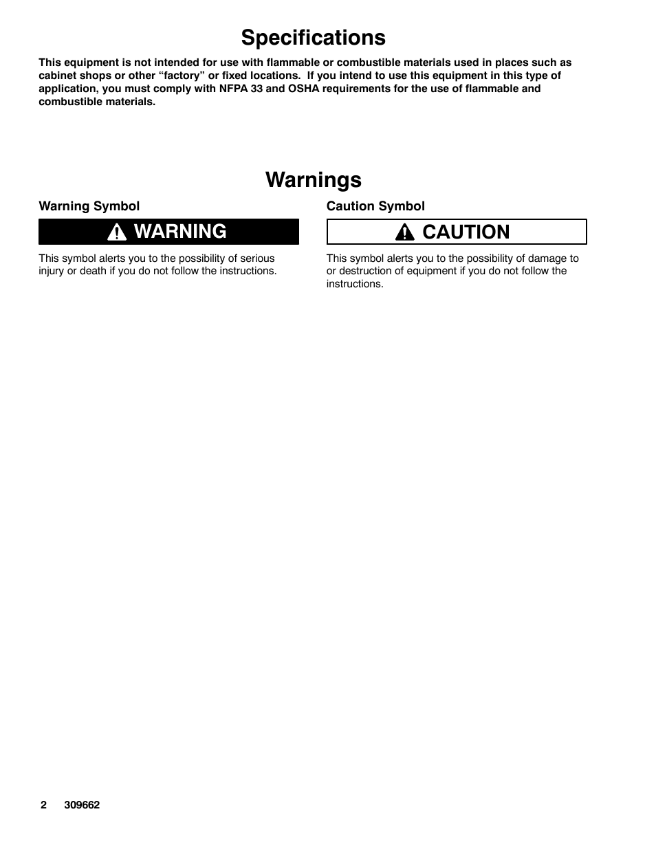 Specifications, Warnings, Warning | Caution | Graco TEXSPRAY 1030 User Manual | Page 2 / 28