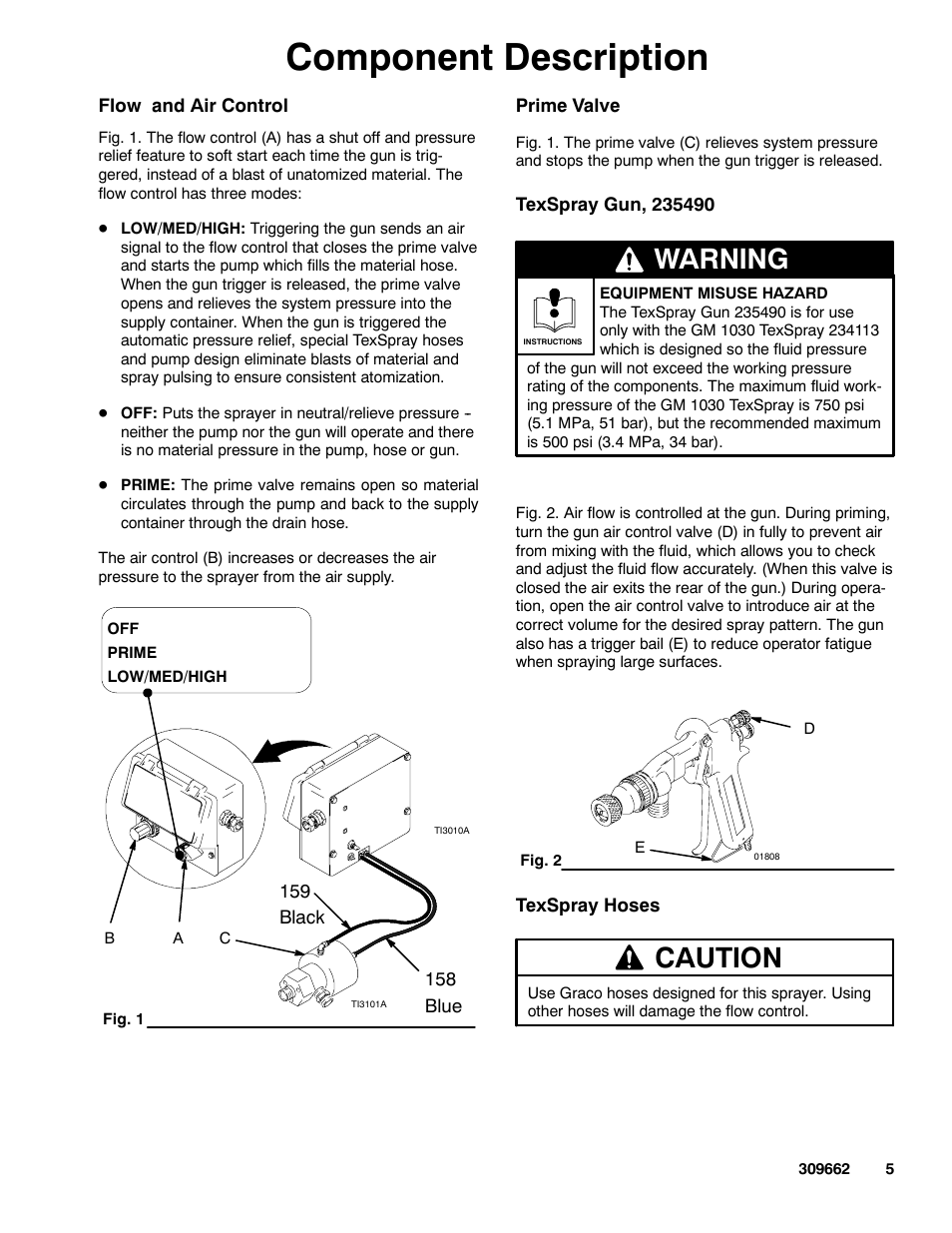 Component description, Warning, Caution | Graco TEXSPRAY 1030 User Manual | Page 5 / 28
