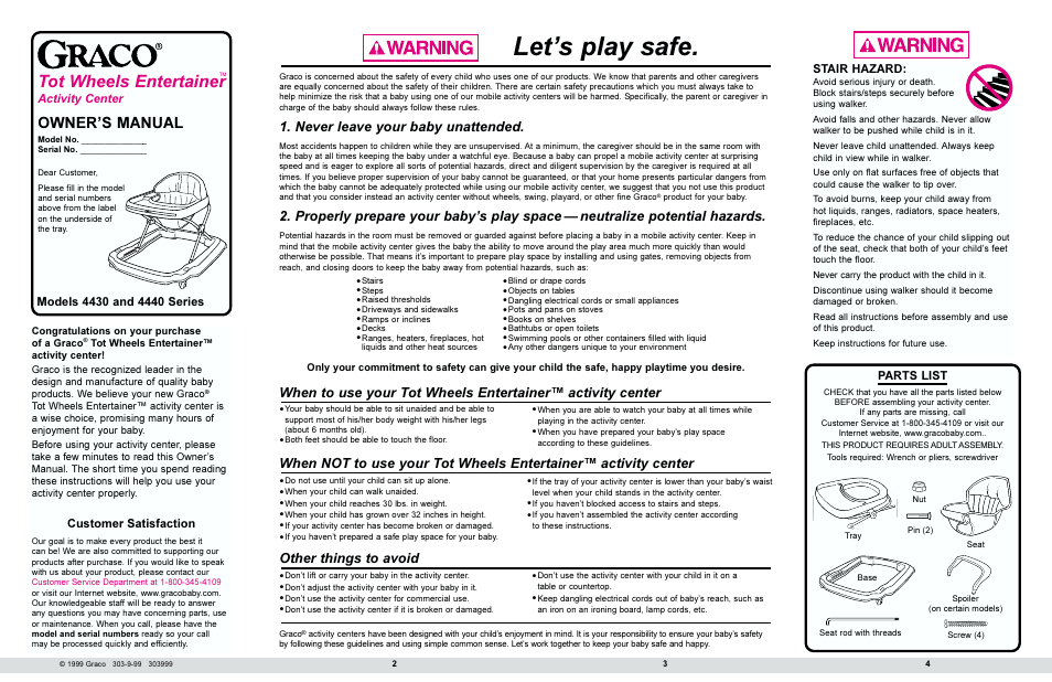 Lets play safe, Tot wheels entertainer, Owners manual | Other things to avoid, Never leave your baby unattended | Graco 4430 Series User Manual | Page 2 / 7