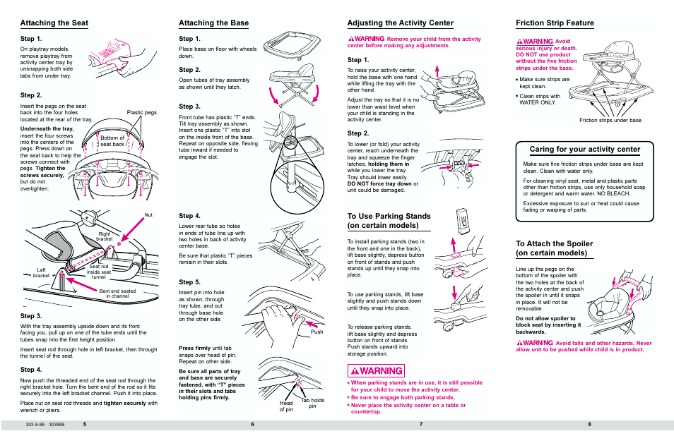 Attaching the seat, Attaching the base, Caring for your activity center | Friction strip feature | Graco 4430 Series User Manual | Page 3 / 7