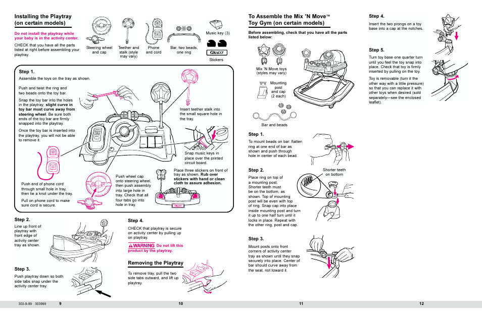 Installing the playtray (on certain models), Toy gym (on certain models), Removing the playtray | Graco 4430 Series User Manual | Page 6 / 7