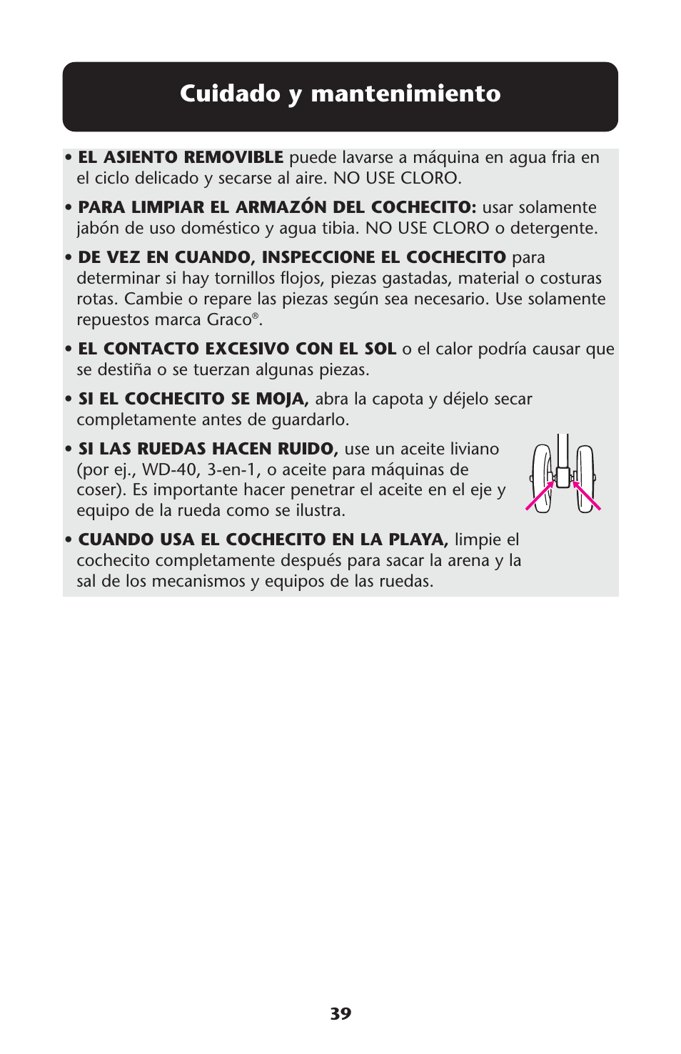 Cuidado y mantenimiento | Graco 1776143 User Manual | Page 39 / 40