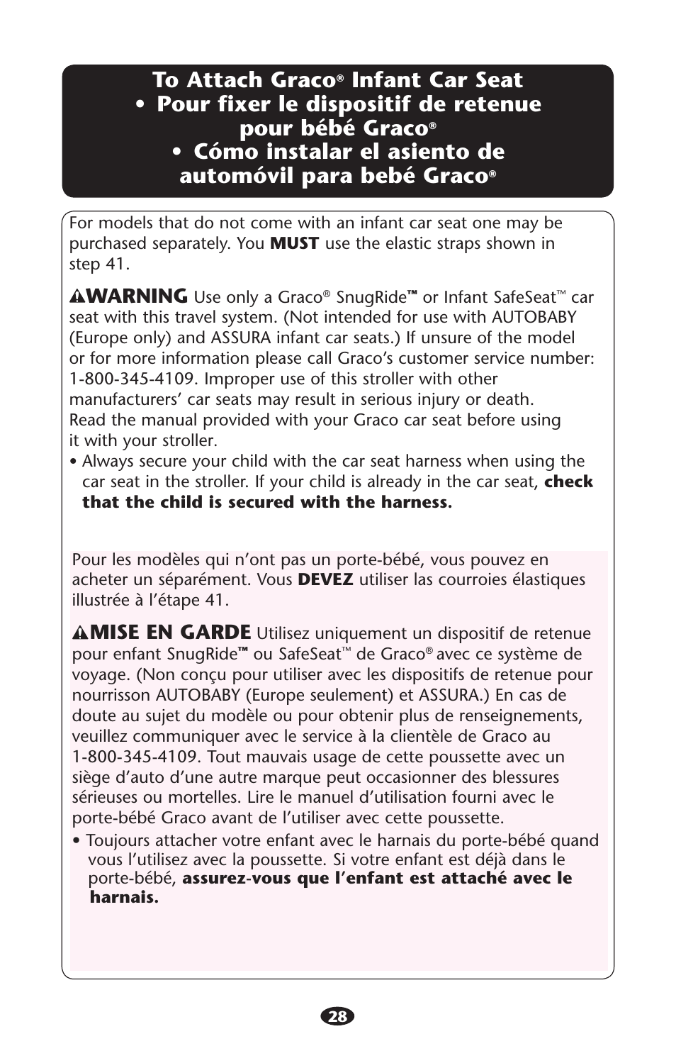 Infant car seat s pour bébé graco, Sautomøvil, Warning | Mise en garde | Graco 1755755 User Manual | Page 28 / 132