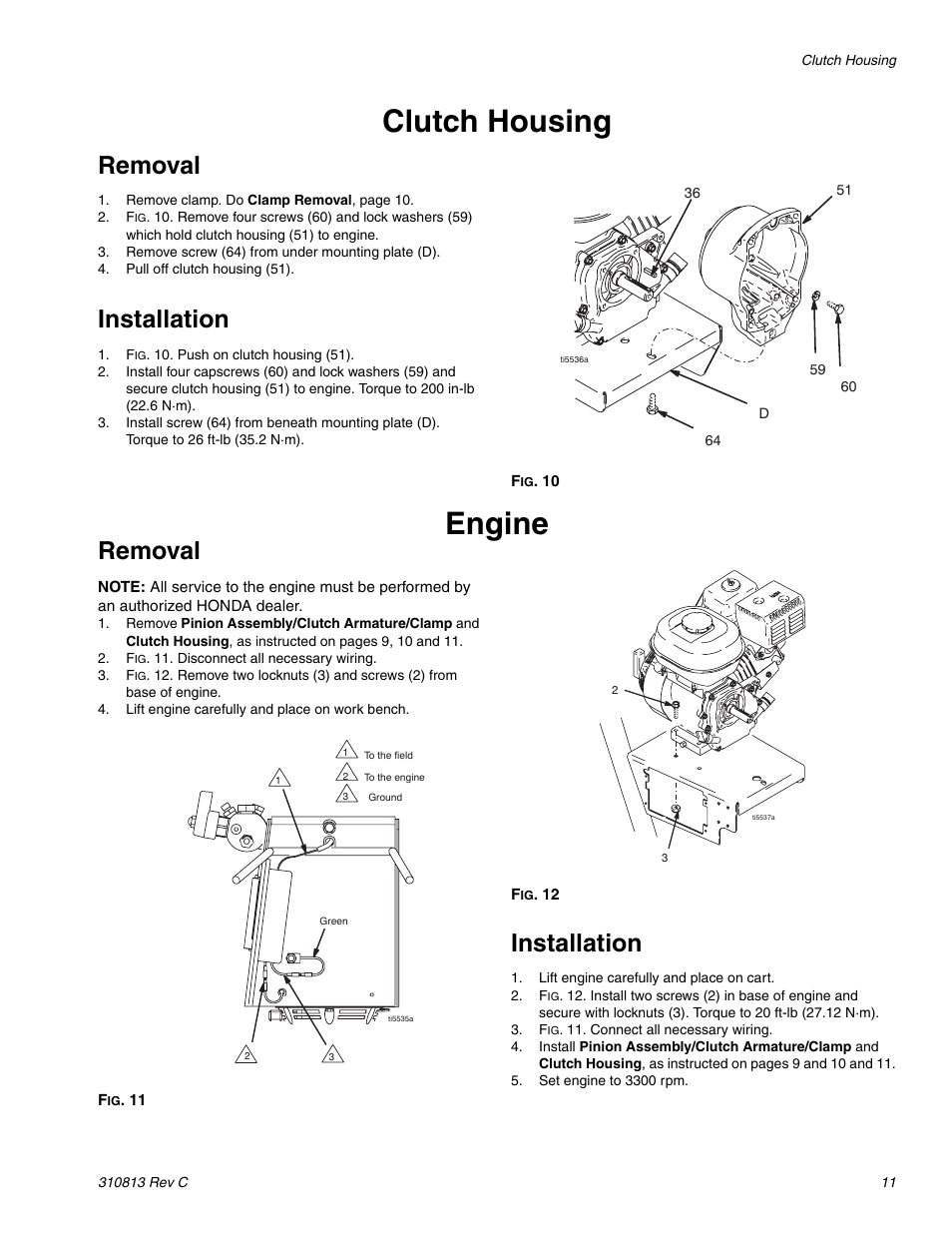 Clutch housing, Engine, Removal | Installation | Graco 3400 User Manual | Page 11 / 26