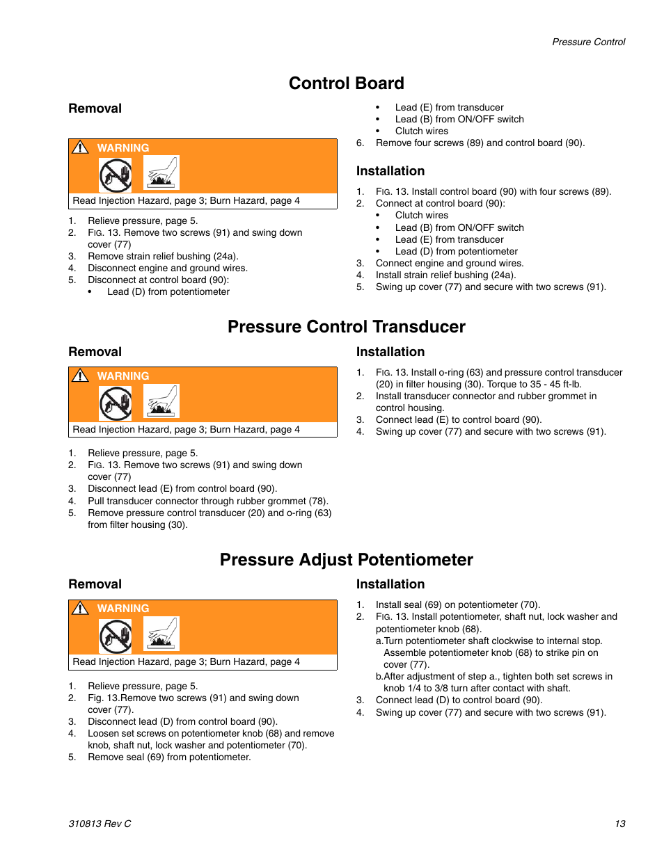 Control board, Pressure control transducer, Pressure adjust potentiometer | Removal, Installation | Graco 3400 User Manual | Page 13 / 26