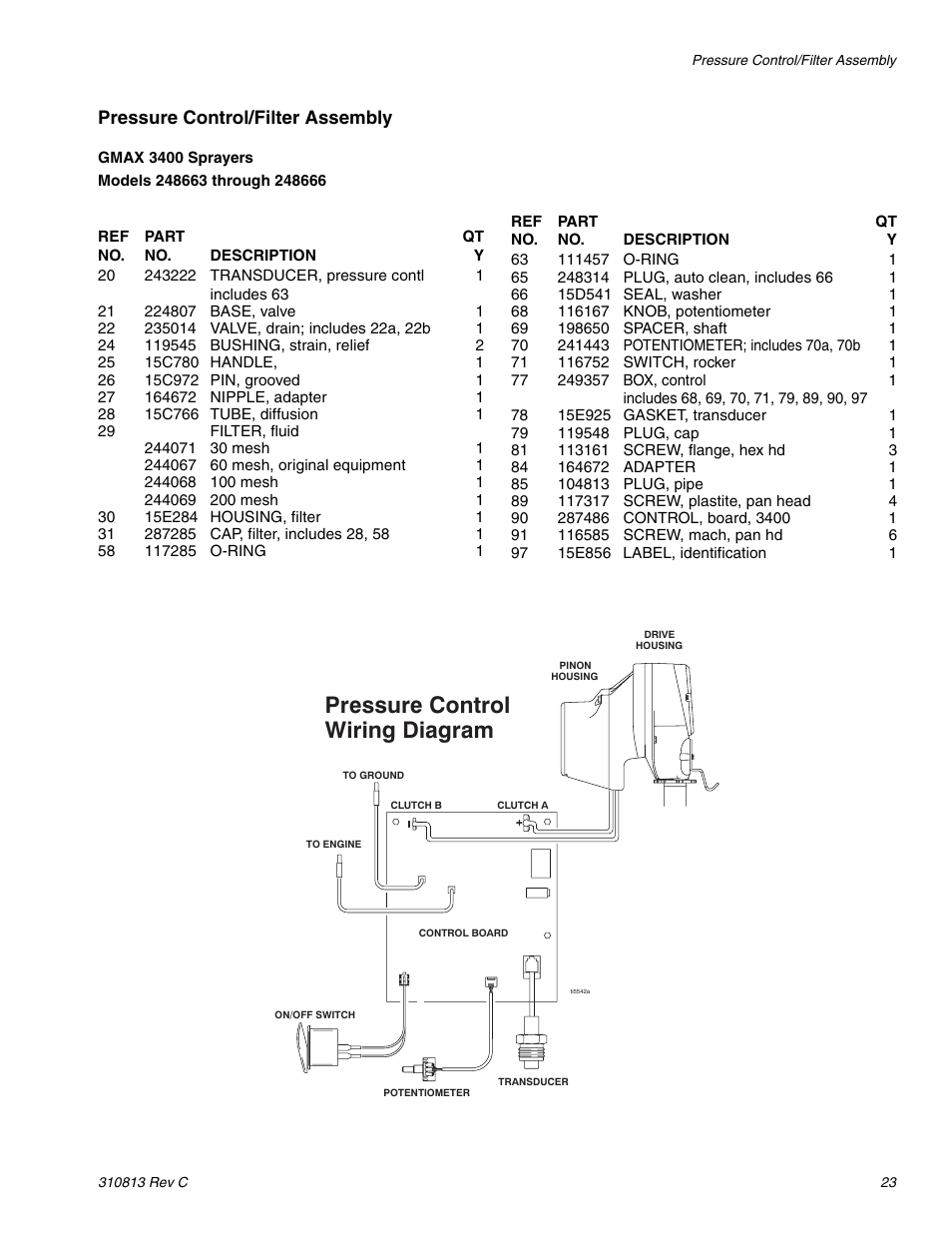 Pressure control/filter assembly, 3uhvvxuh&rqwuro :lulqj'ldjudp | Graco 3400 User Manual | Page 23 / 26