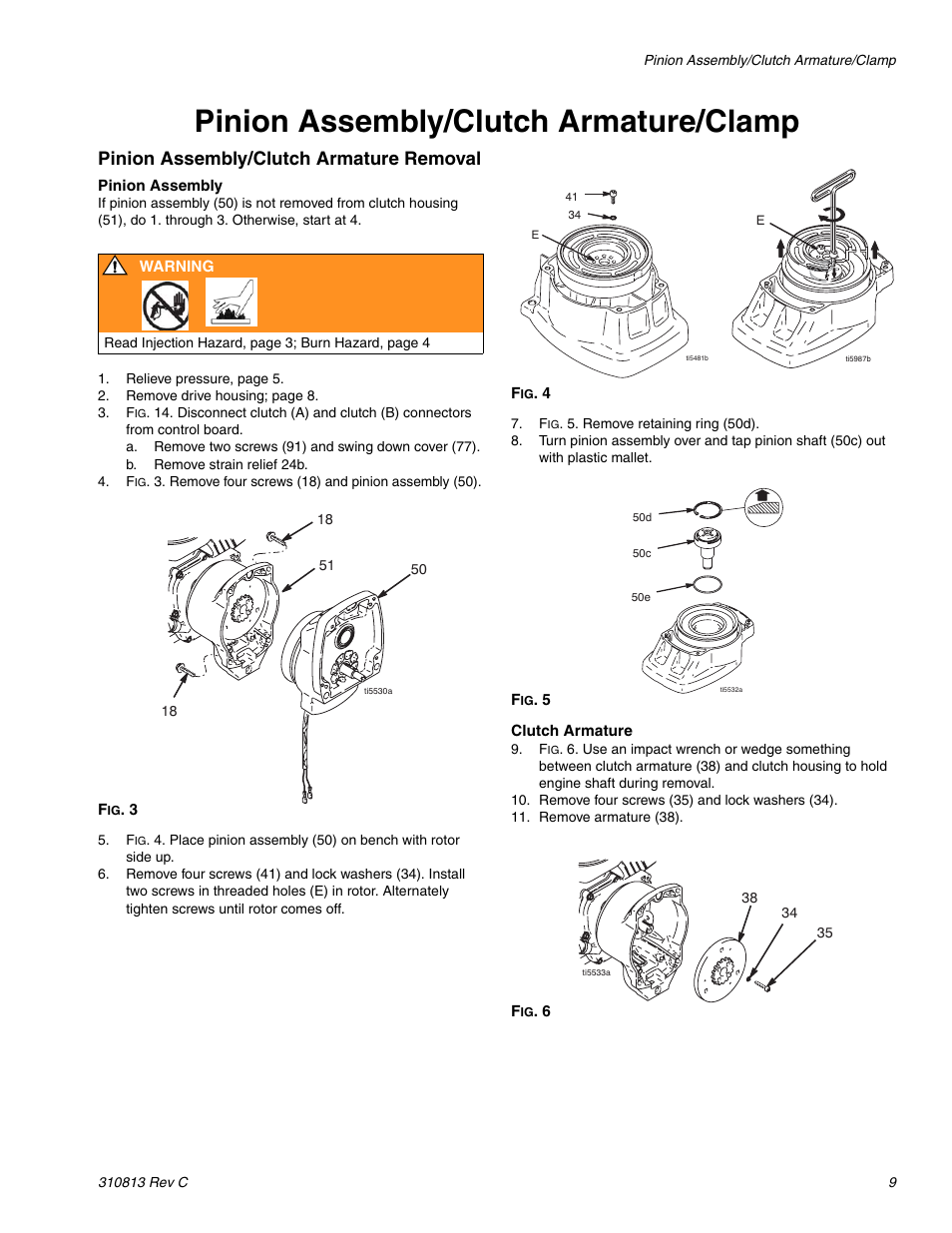 Pinion assembly/clutch armature/clamp, Pinion assembly/clutch armature removal | Graco 3400 User Manual | Page 9 / 26