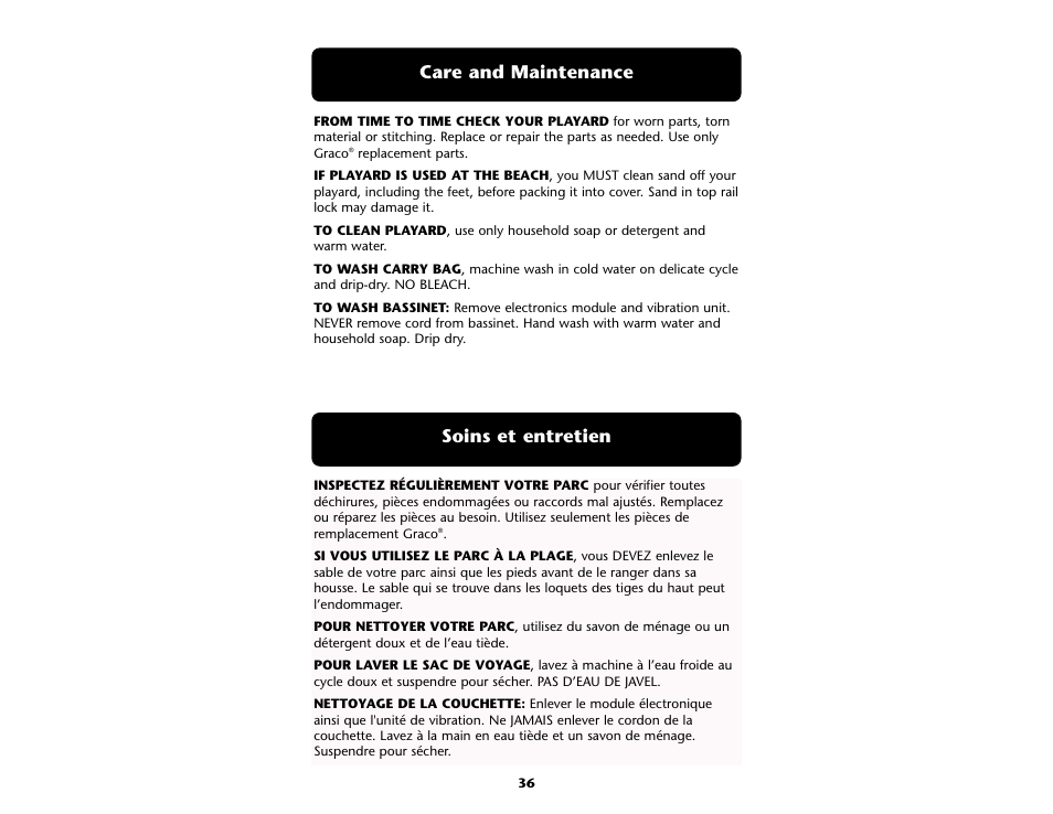 Soins et entretien, Care and maintenance | Graco ISPP045AB User Manual | Page 36 / 44