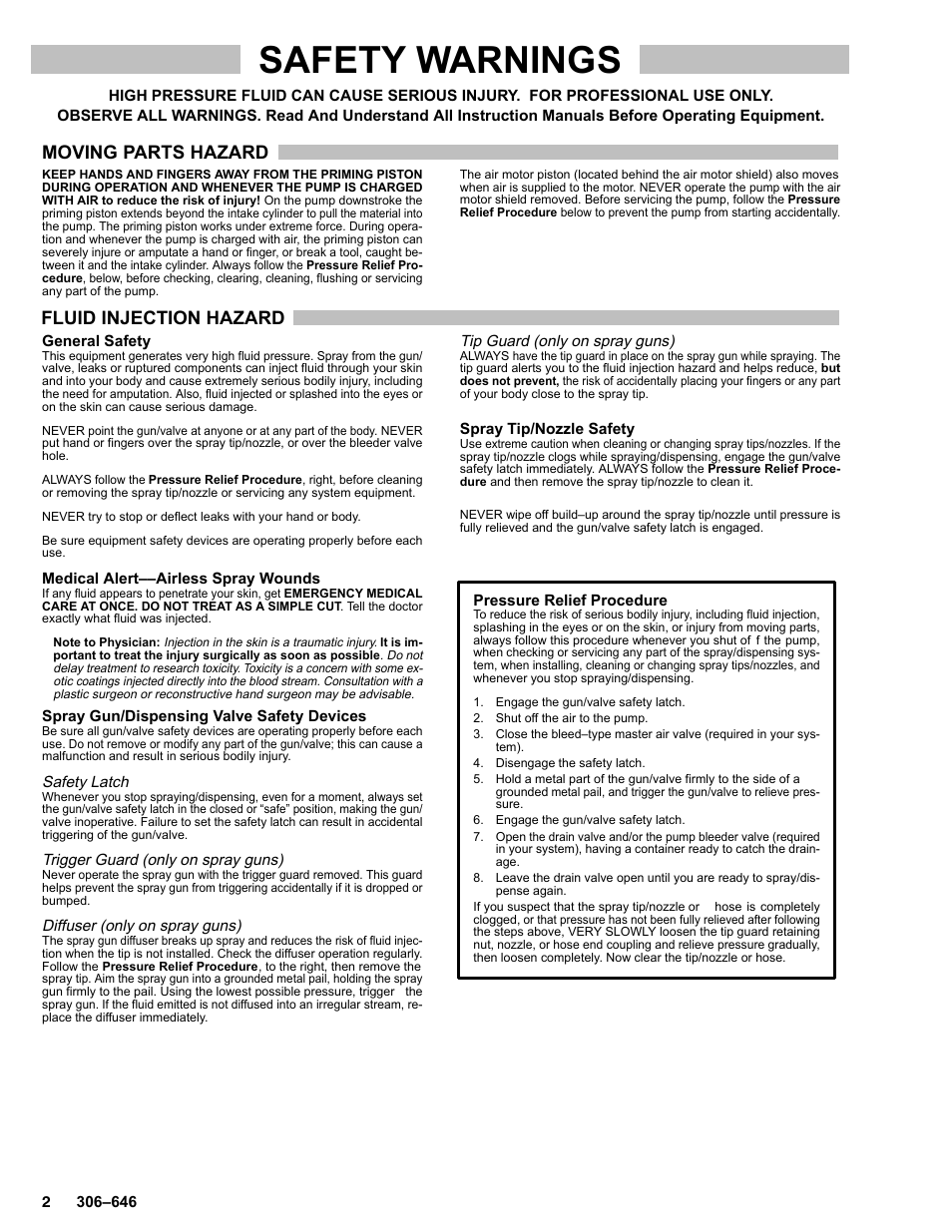 Safety warnings, Moving parts hazard, Fluid injection hazard | Graco BULLDOG 222248 User Manual | Page 2 / 20