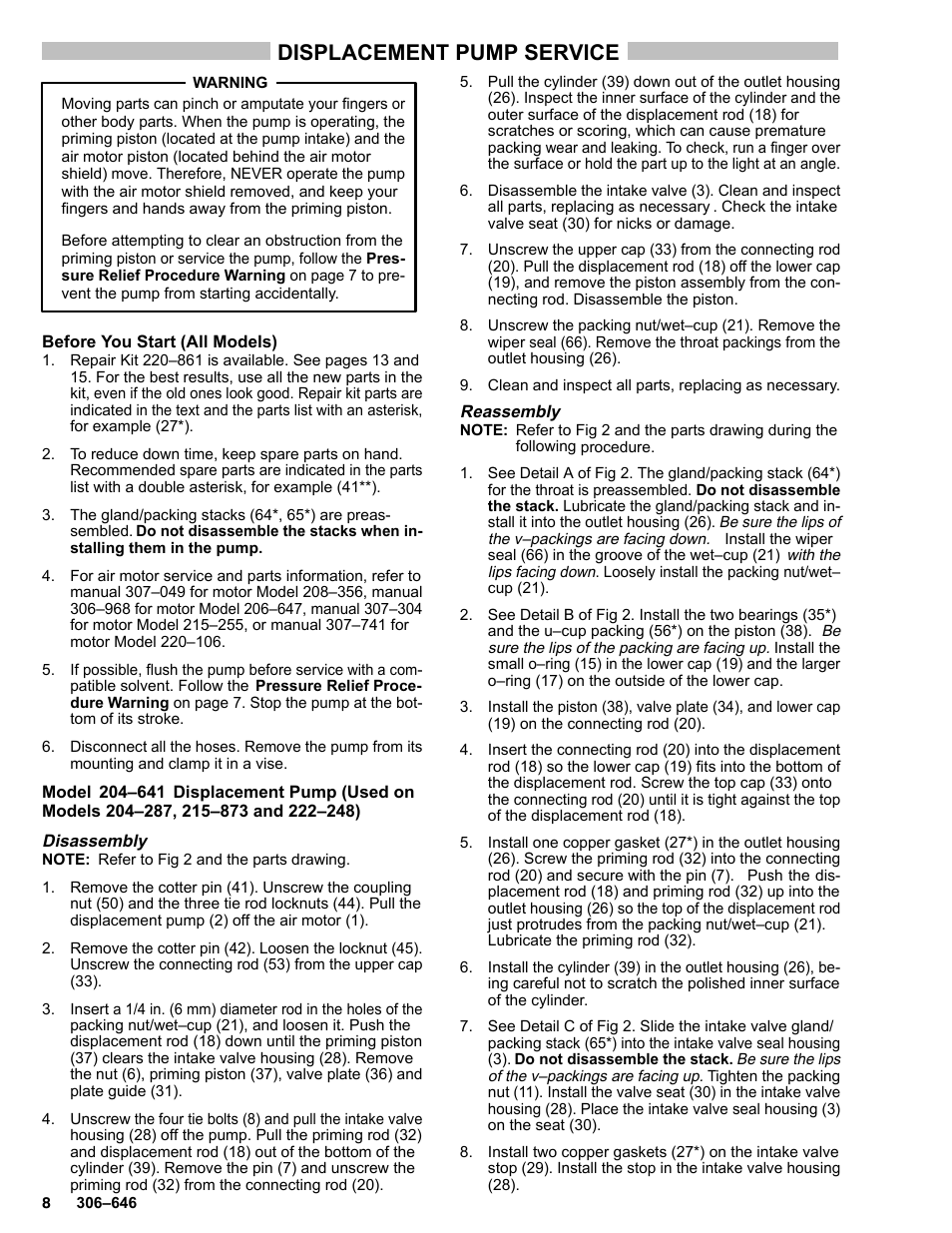 Displacement pump service | Graco BULLDOG 222248 User Manual | Page 8 / 20