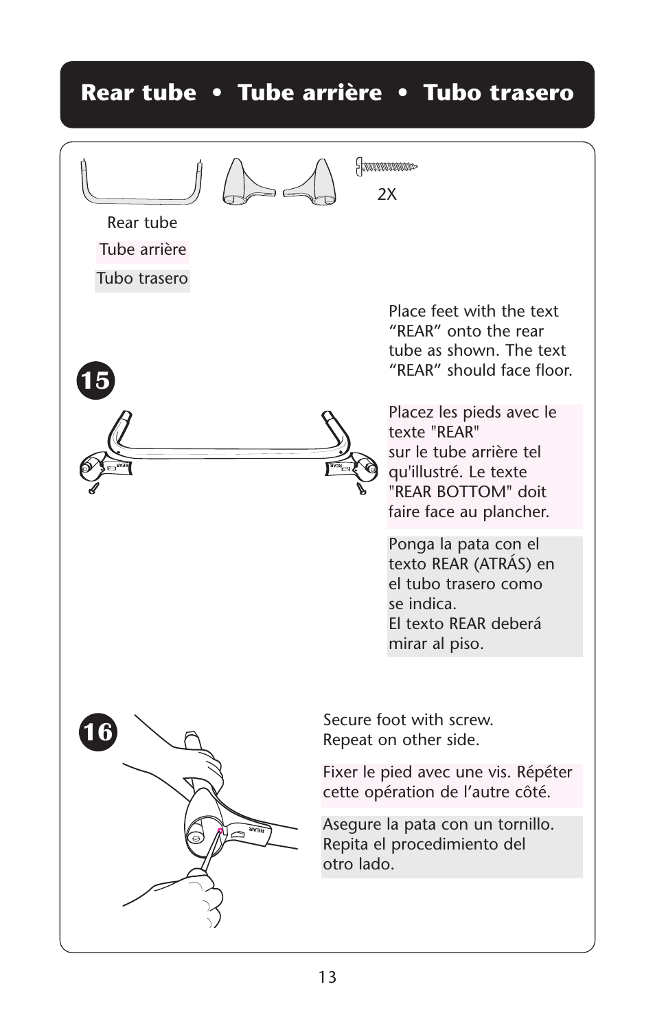 Rear tube • tube arrière • tubo trasero | Graco 1D02JON User Manual | Page 13 / 48