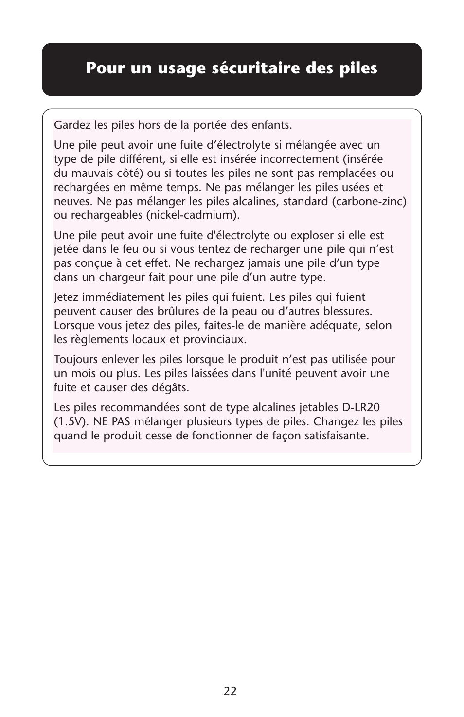 Pour un usage sécuritaire des piles | Graco 1D02JON User Manual | Page 22 / 48