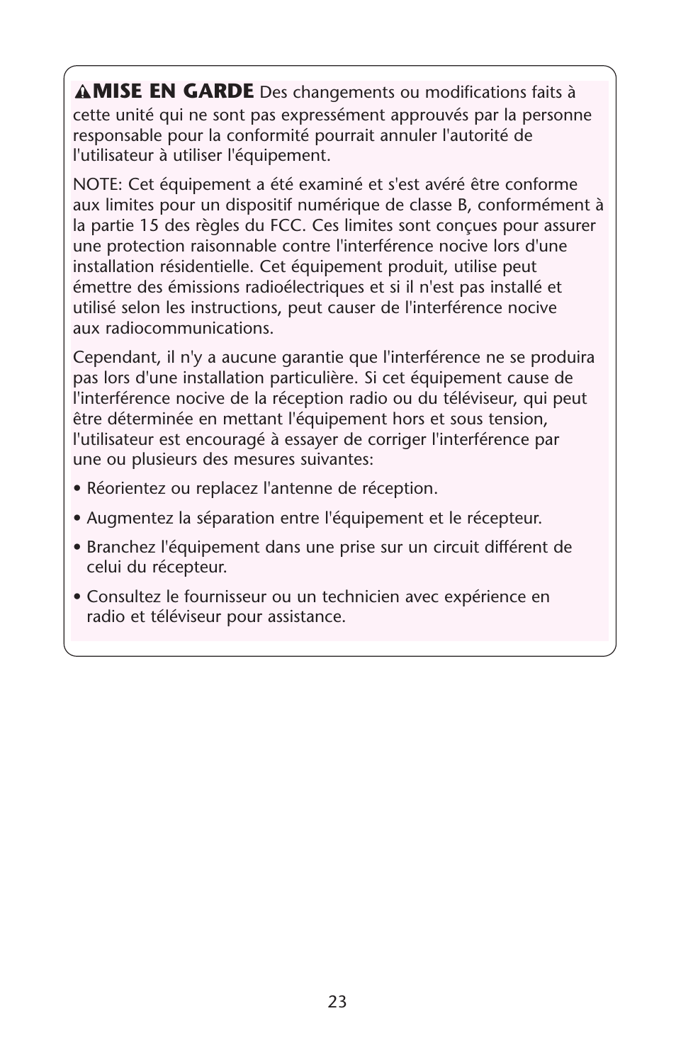 Mise en garde | Graco 1D02JON User Manual | Page 23 / 48