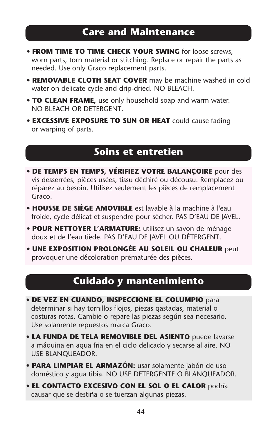 Care and maintenance, Soins et entretien, Cuidado y mantenimiento | Graco 1D02JON User Manual | Page 44 / 48