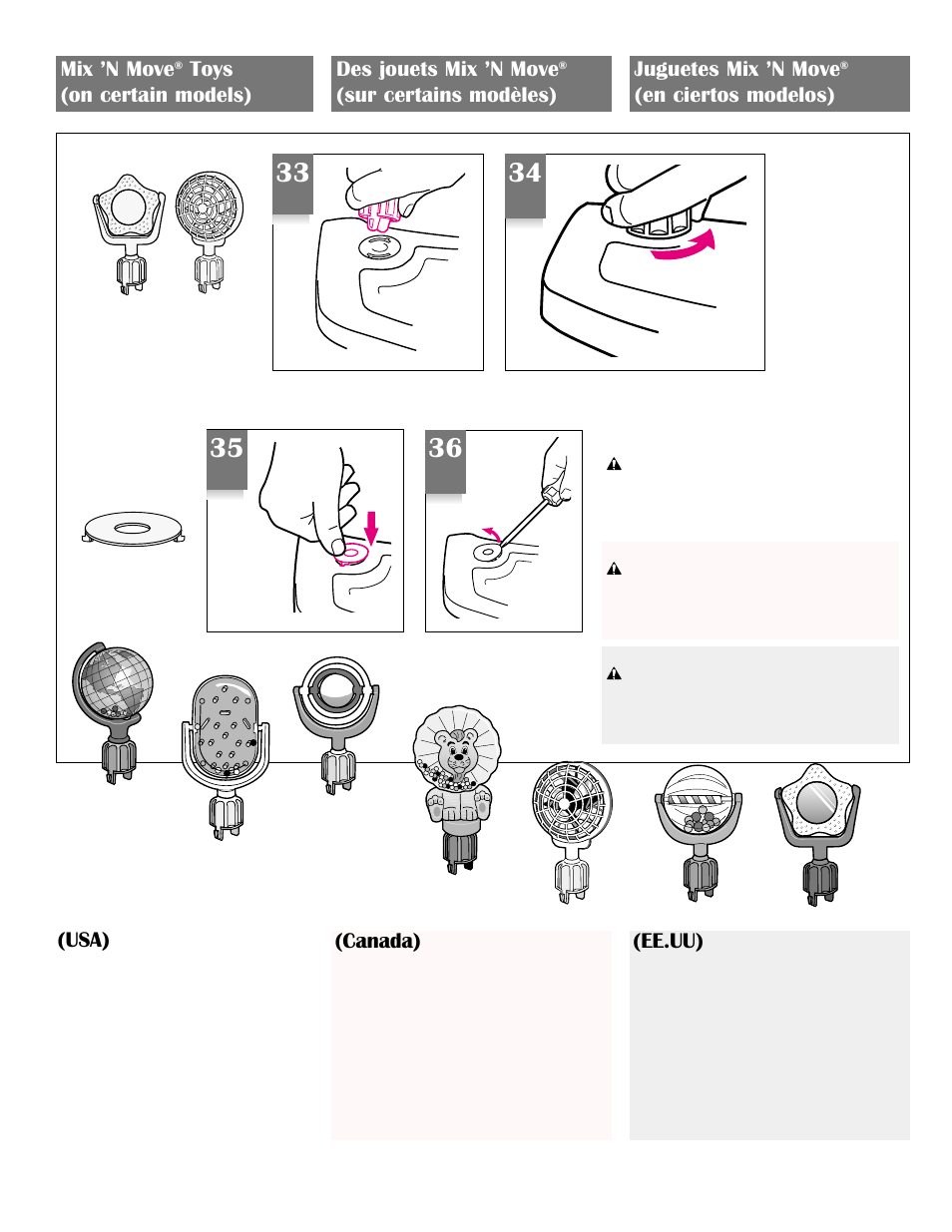 Usa), Canada), Mix ’n move | Toys (on certain models) des jouets mix ’n move, Sur certains modèles) juguetes mix ’n move, En ciertos modelos), Ee.uu) | Graco Model Type 7431 User Manual | Page 16 / 100