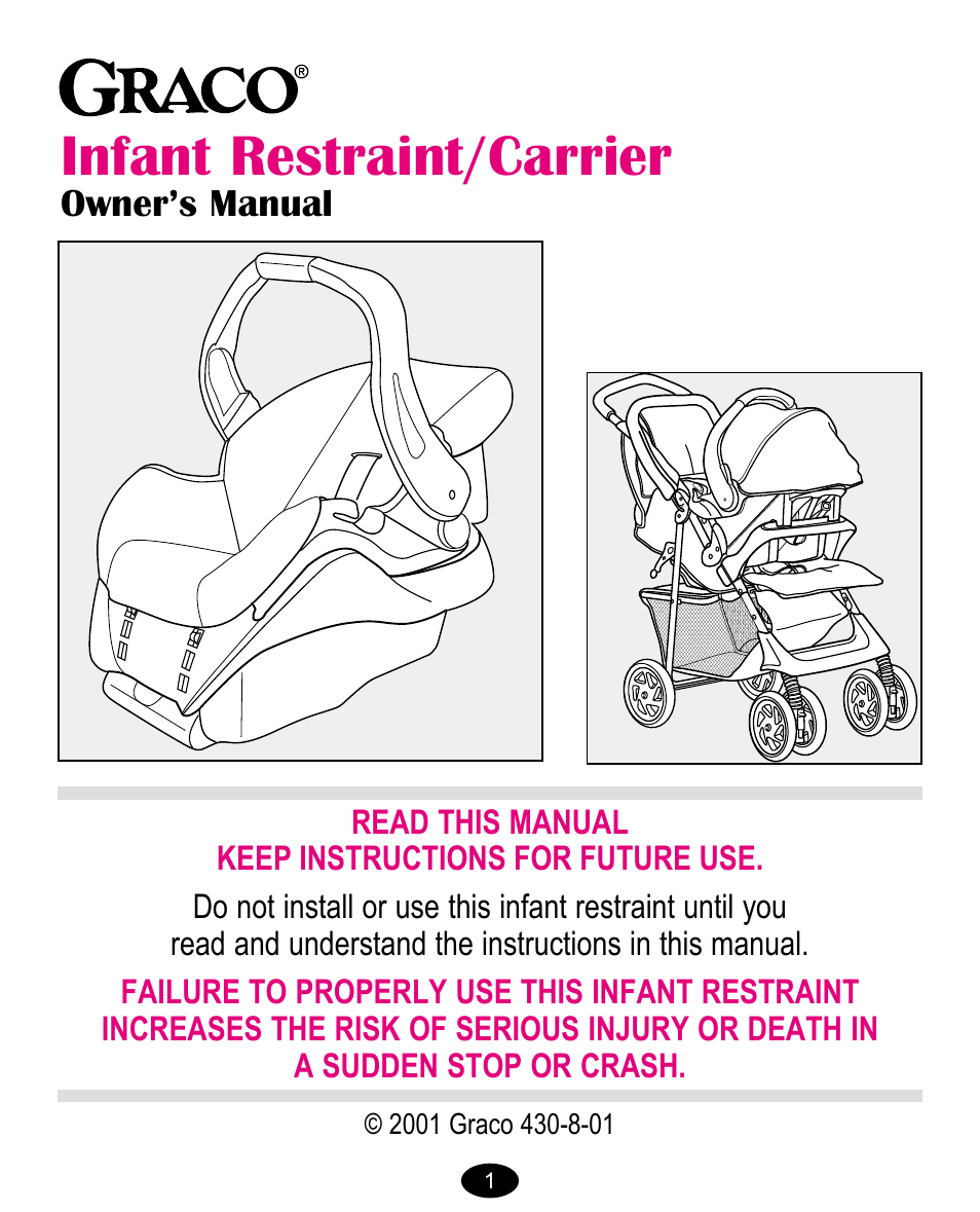 Infant restraint/carrier, Owner’s manual | Graco Model Type 7431 User Manual | Page 19 / 100