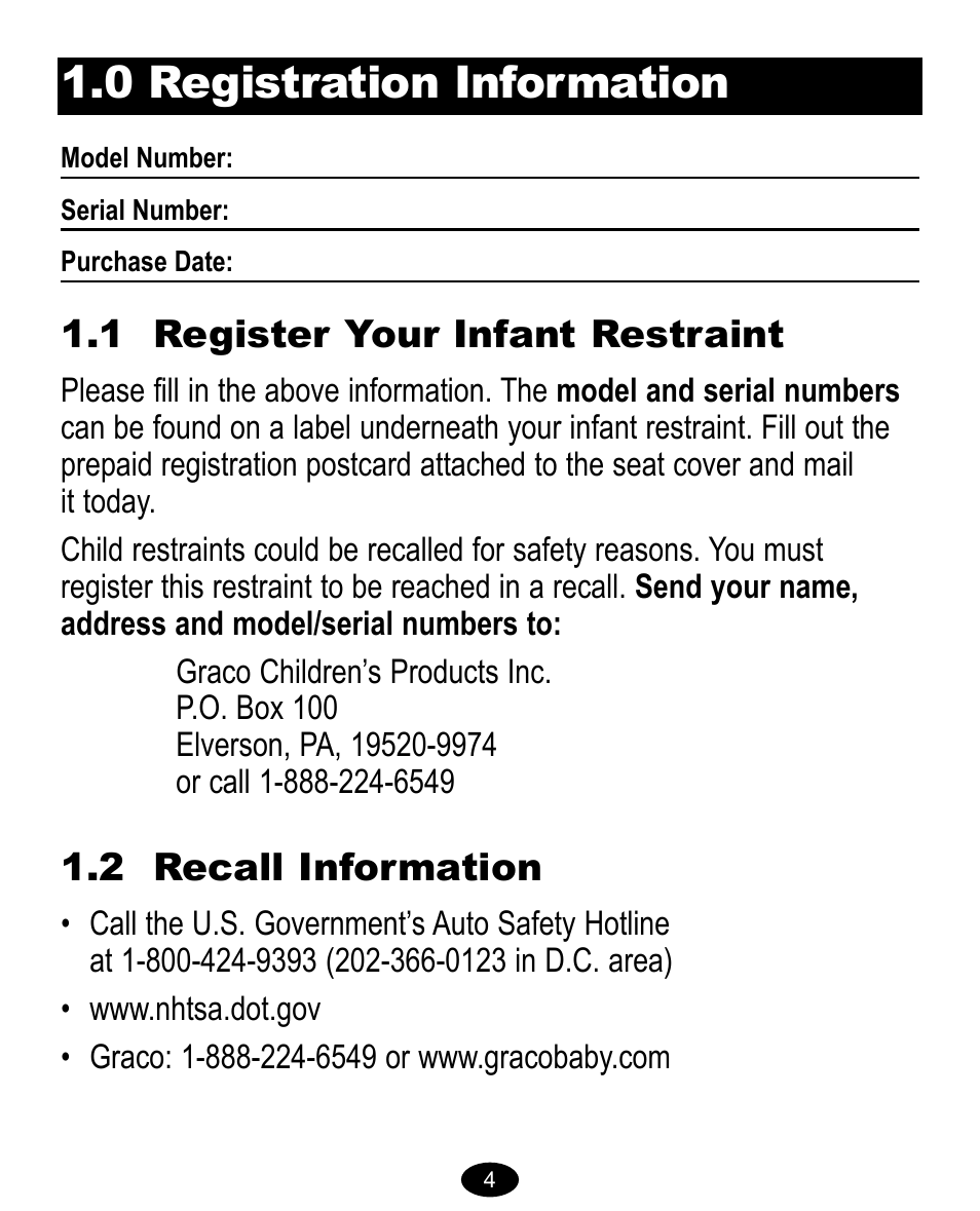 0 registration information, 1 register your infant restraint, 2 recall information | Graco Model Type 7431 User Manual | Page 22 / 100