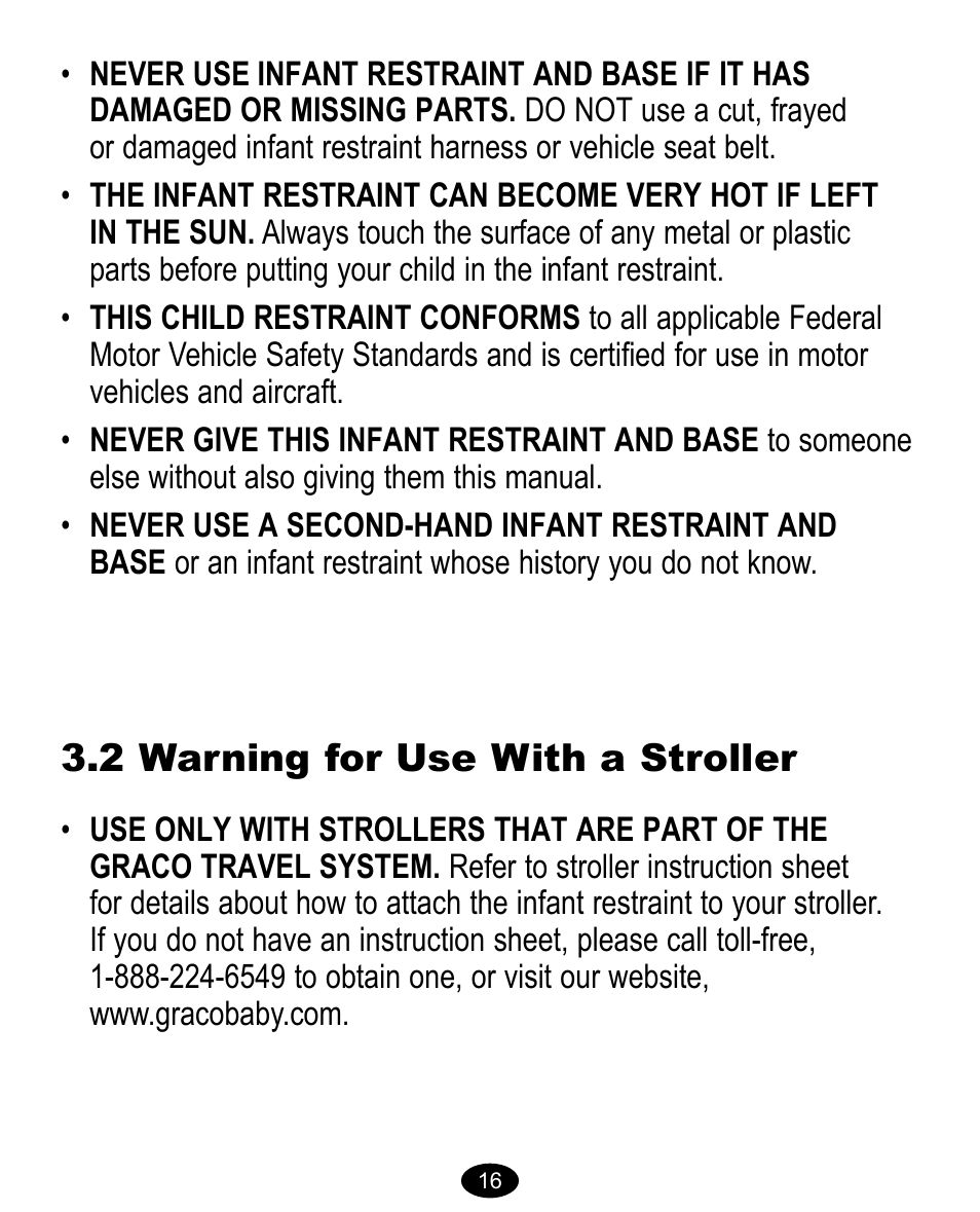 2 warning for use with a stroller | Graco Model Type 7431 User Manual | Page 34 / 100