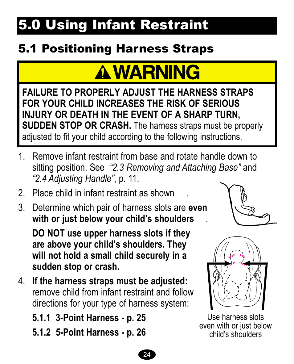 0 using infant restraint, 1 positioning harness straps | Graco Model Type 7431 User Manual | Page 42 / 100