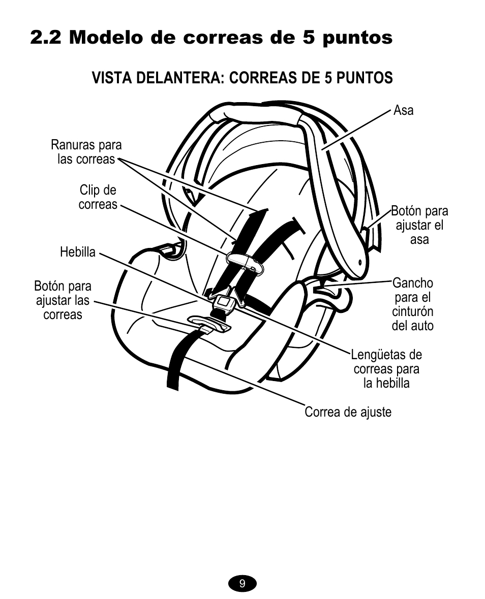 2 modelo de correas de 5 puntos, Vista delantera: correas de 5 puntos | Graco Model Type 7431 User Manual | Page 68 / 100