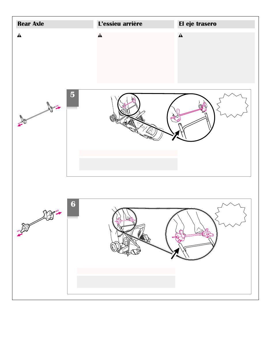 Rear axle l’essieu arrière el eje trasero, Advertencia, Mise en garde | Warning, Or • ou • o | Graco Model Type 7431 User Manual | Page 7 / 100